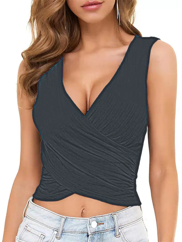 Dalina Spring Summer Ladies Top Solid Color Short Sexy Slim Cross Pleated Vest
