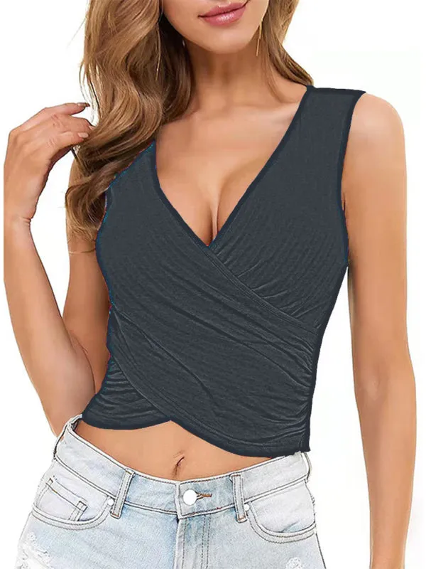 Dalina Spring Summer Ladies Top Solid Color Short Sexy Slim Cross Pleated Vest
