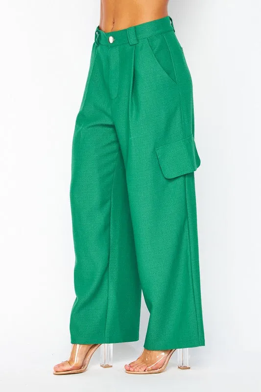 Ever Green Chanel Fabric Cargo Wide-leg Pants