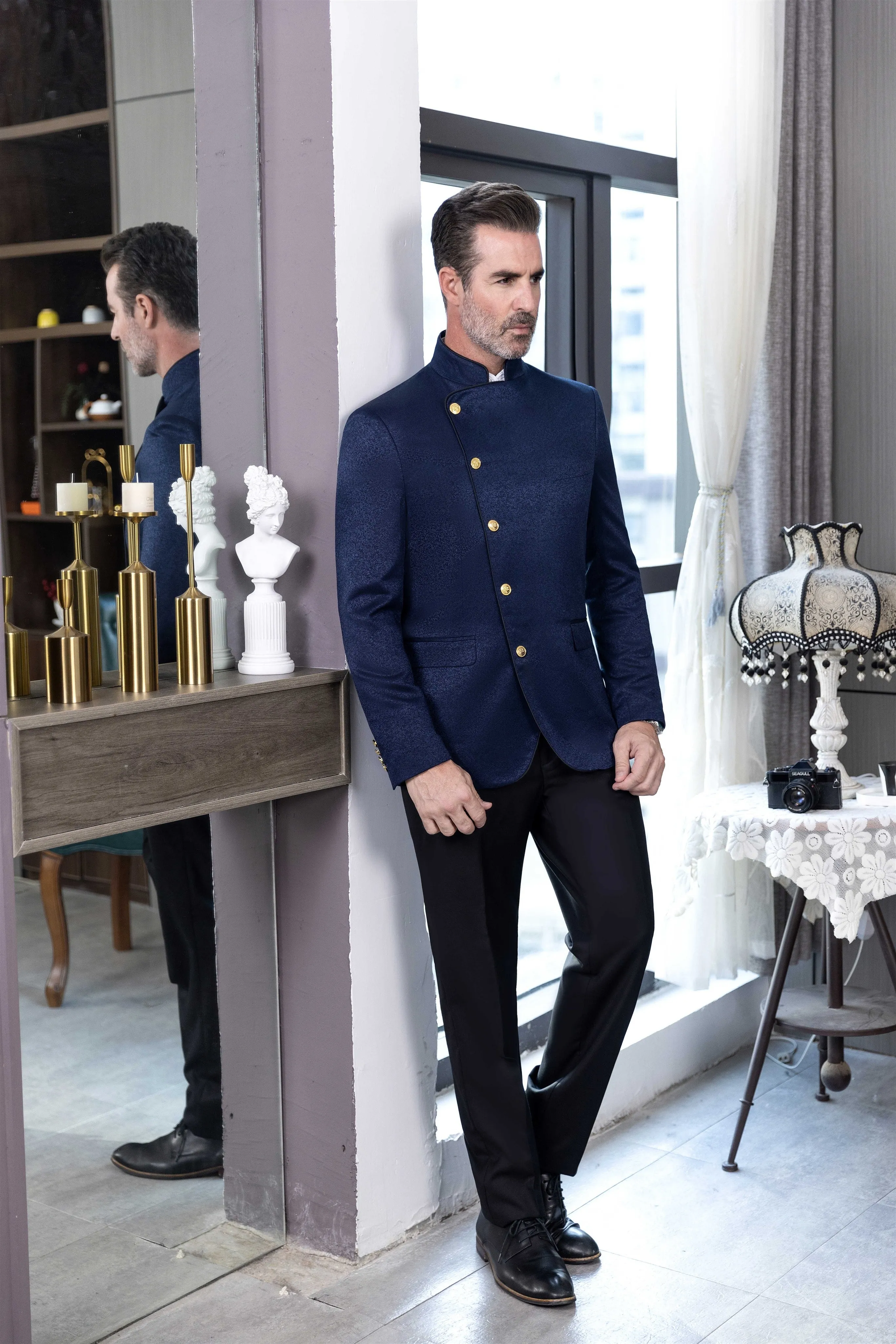 Fashion 2 Piece Men's Slim Fit Solid Color Stand Collar Suit (Blazer Pants）