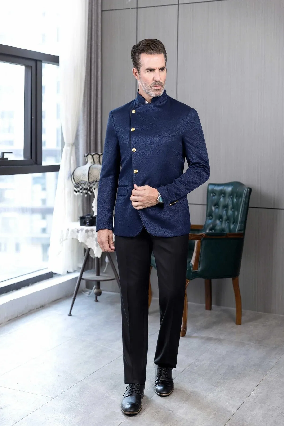 Fashion 2 Piece Men's Slim Fit Solid Color Stand Collar Suit (Blazer Pants）