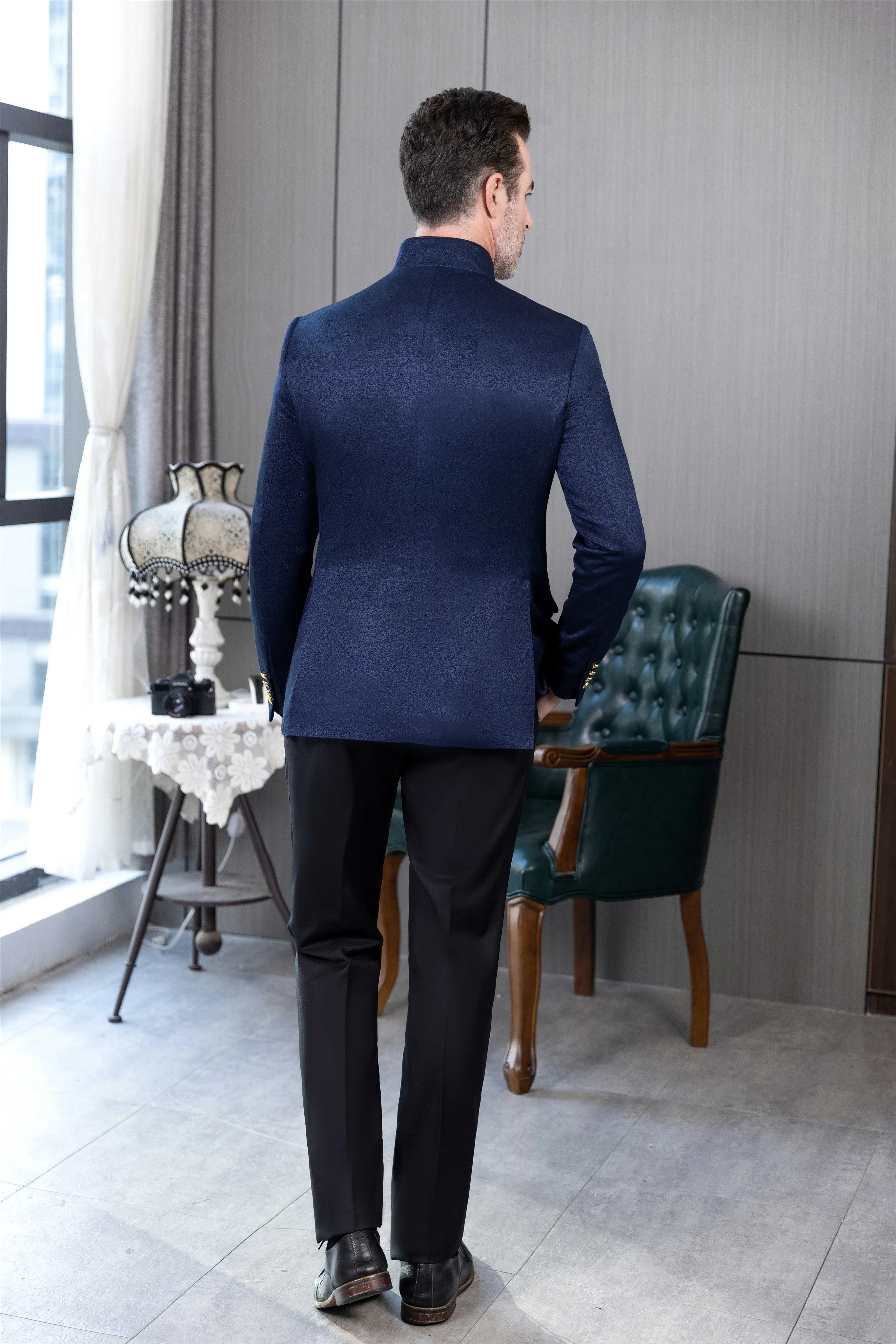 Fashion 2 Piece Men's Slim Fit Solid Color Stand Collar Suit (Blazer Pants）