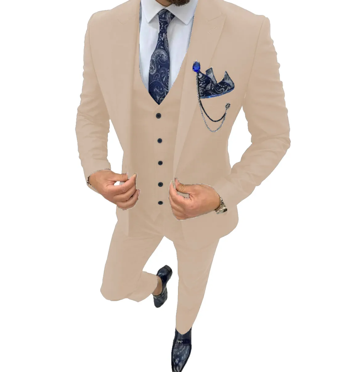 Fashion Men's 3 Piece Regular Fit Peak Lapel Flat Men's Suit (Blazer Vest Pants)