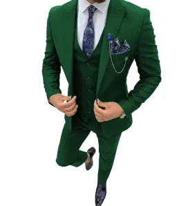 Fashion Men's 3 Piece Regular Fit Peak Lapel Flat Men's Suit (Blazer Vest Pants)