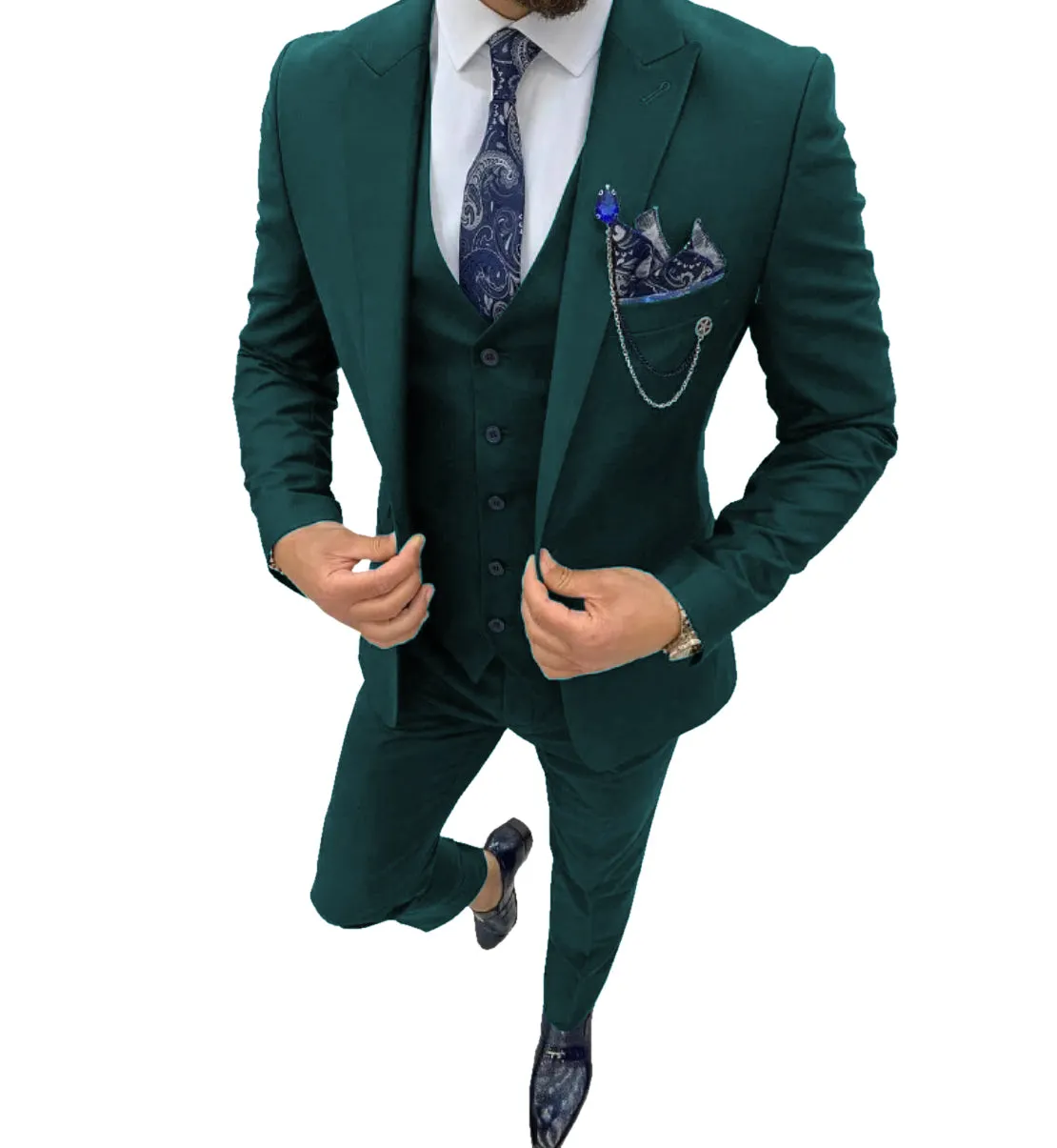 Fashion Men's 3 Piece Regular Fit Peak Lapel Flat Men's Suit (Blazer Vest Pants)