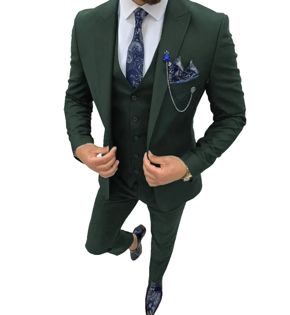 Fashion Men's 3 Piece Regular Fit Peak Lapel Flat Men's Suit (Blazer Vest Pants)