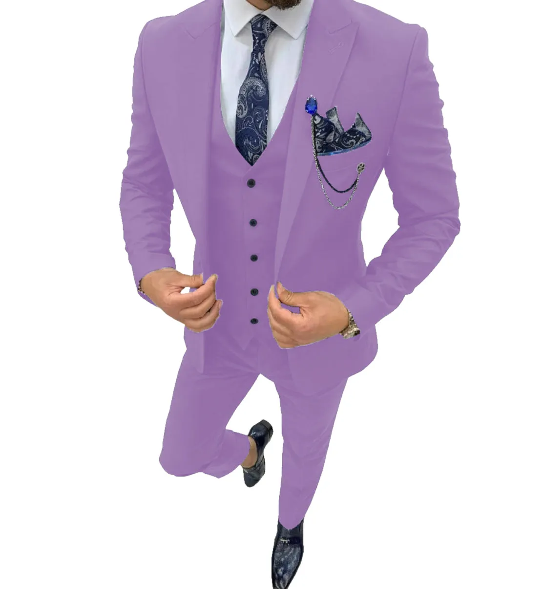 Fashion Men's 3 Piece Regular Fit Peak Lapel Flat Men's Suit (Blazer Vest Pants)