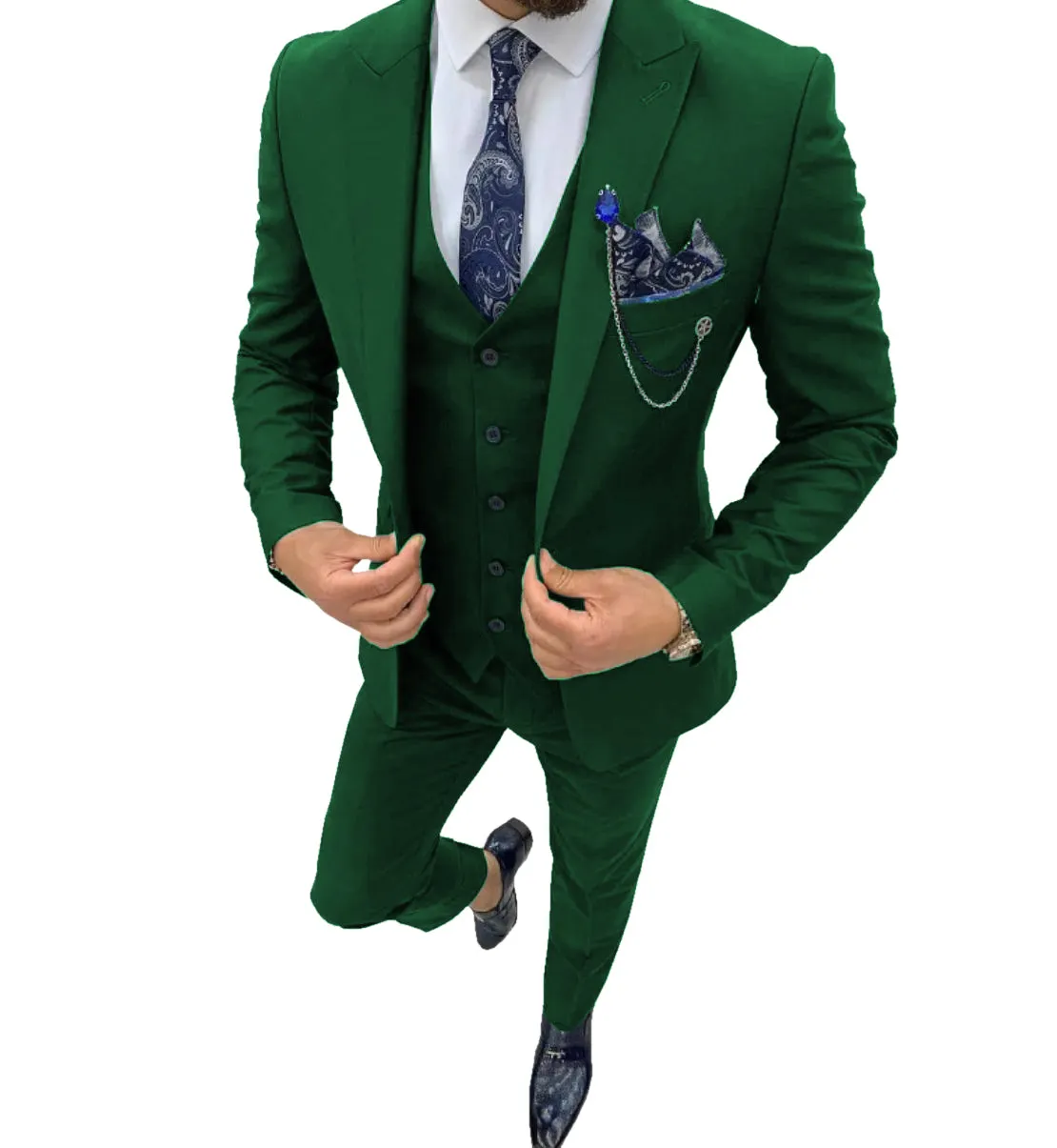 Fashion Men's 3 Piece Regular Fit Peak Lapel Flat Men's Suit (Blazer Vest Pants)