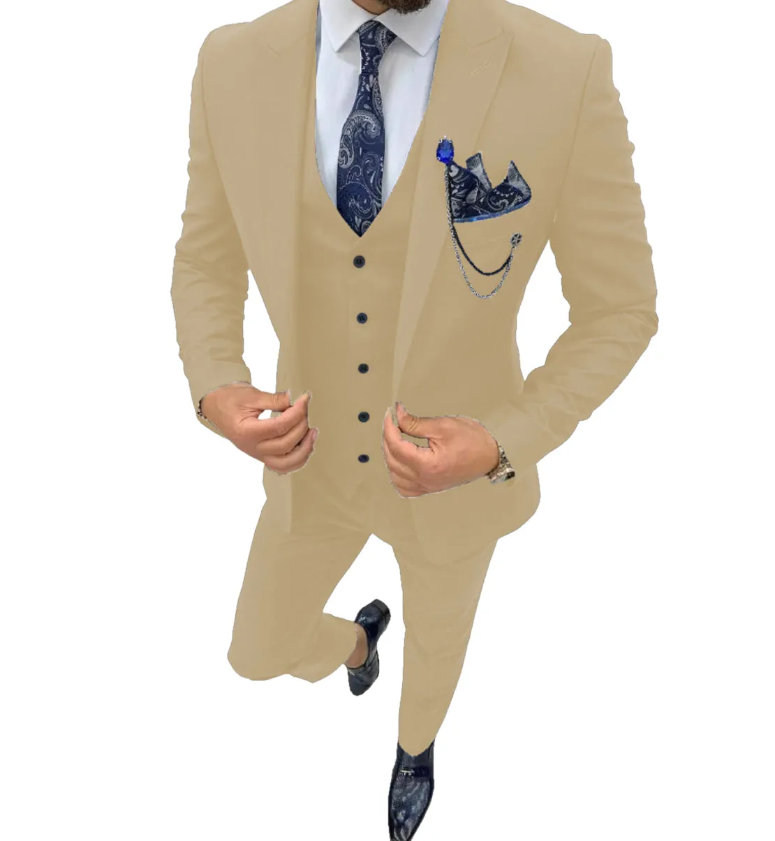 Fashion Men's 3 Piece Regular Fit Peak Lapel Flat Men's Suit (Blazer Vest Pants)