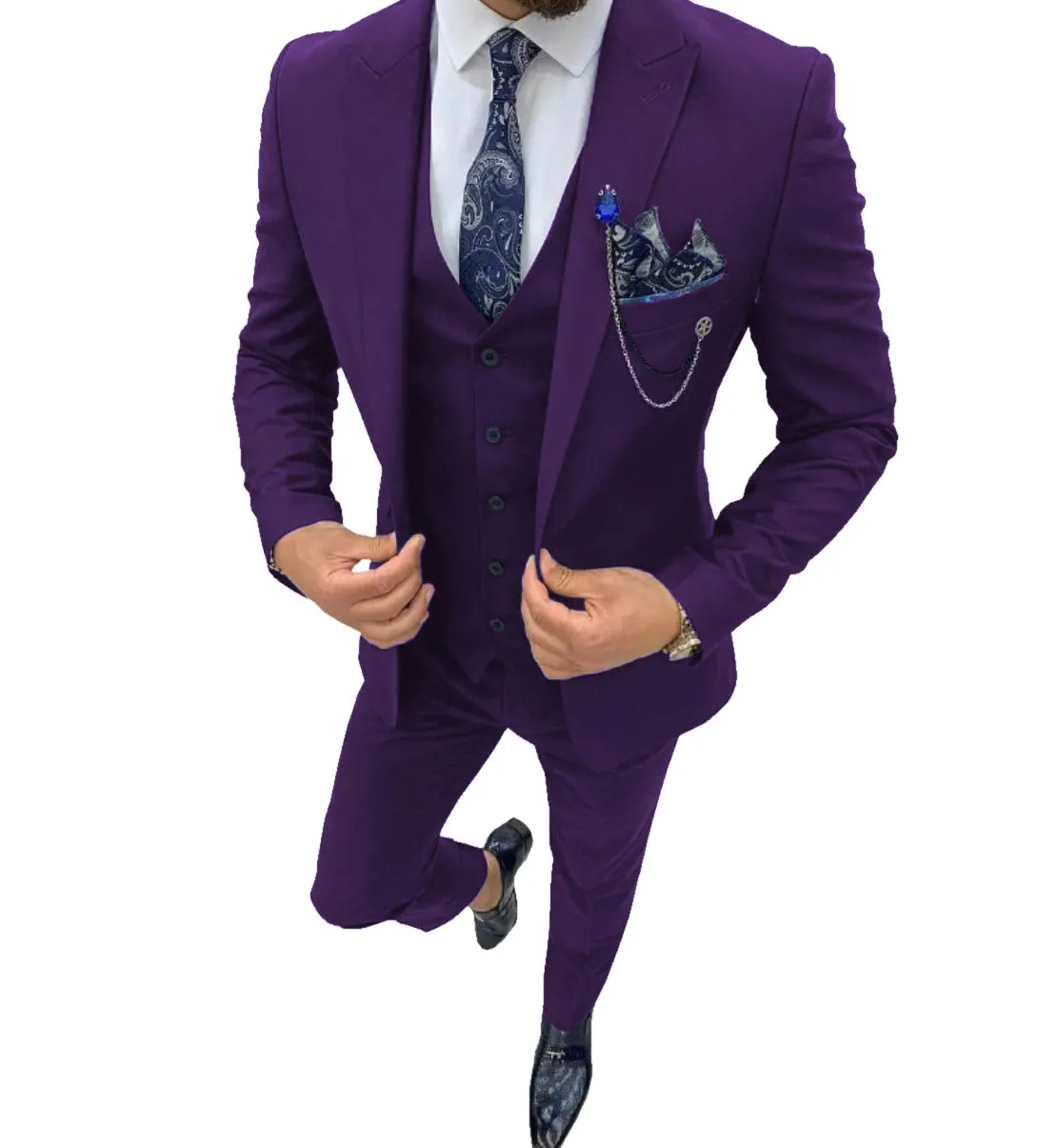 Fashion Men's 3 Piece Regular Fit Peak Lapel Flat Men's Suit (Blazer Vest Pants)