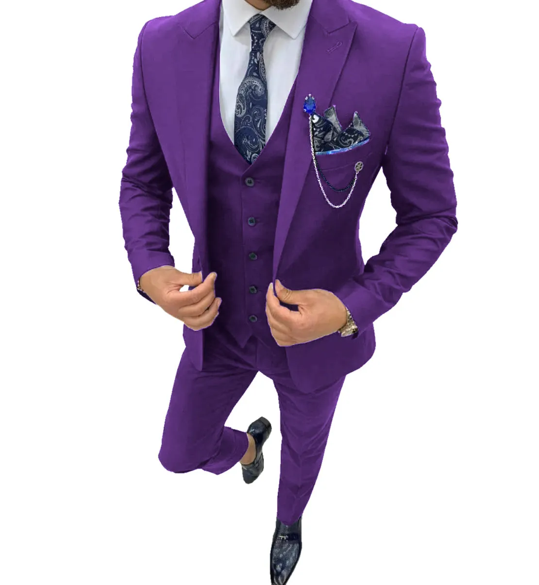 Fashion Men's 3 Piece Regular Fit Peak Lapel Flat Men's Suit (Blazer Vest Pants)