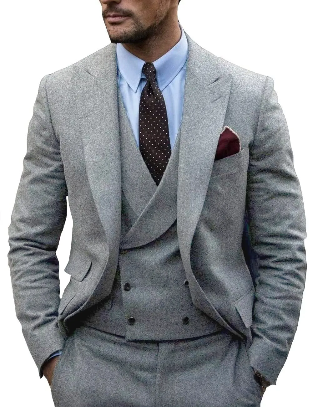 Fashion Men's 3 Piece Suit Tweed Peak Lapel Tuxedos (Blazer vest Pants)