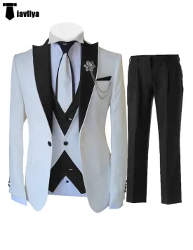 Fashion Men's 3 Pieces Classic Flat Peak Lapel Tuxedos For Wedding (Blazer vest Pants)