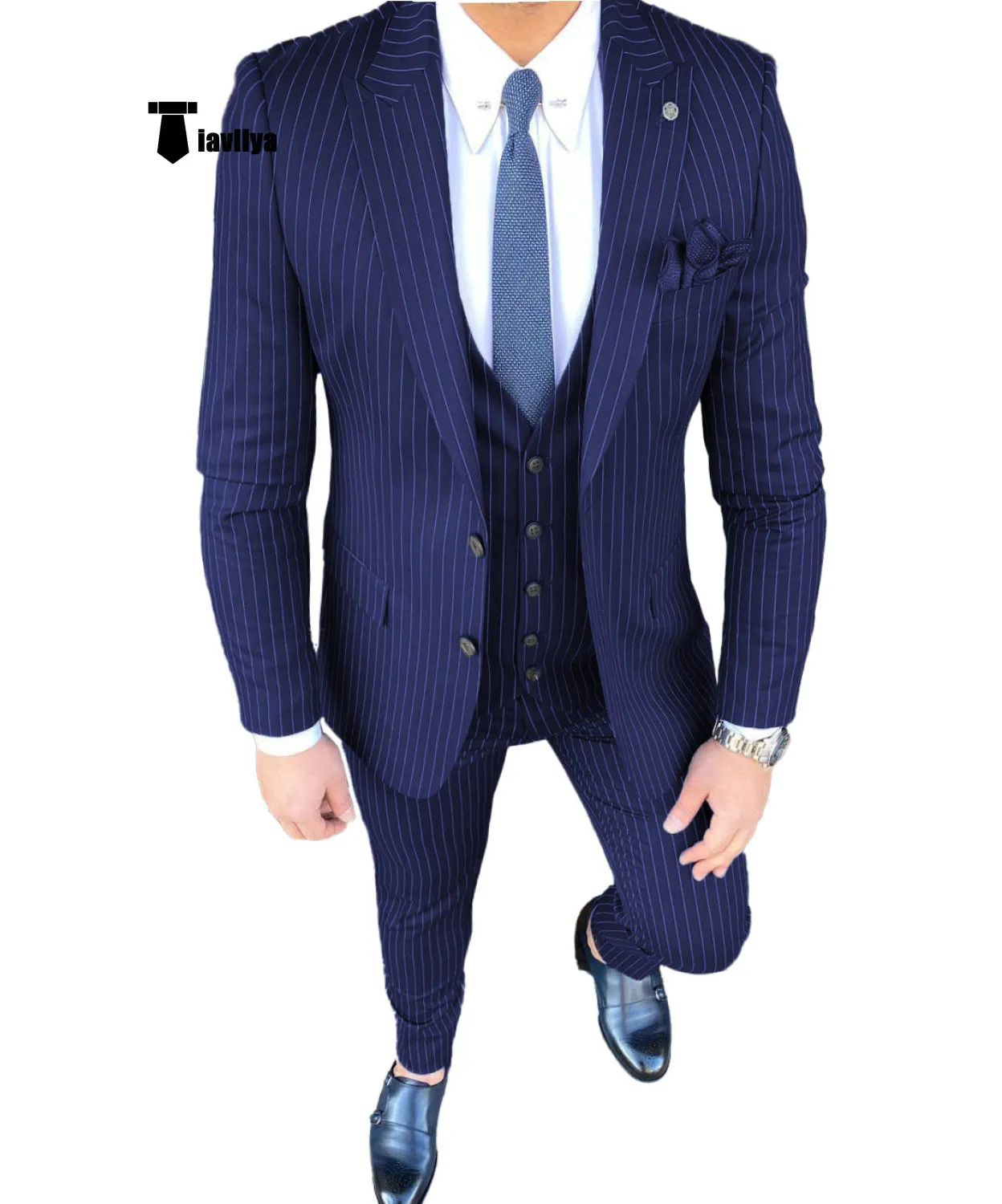 Fashion Men's 3 Pieces Slim Fit Striped Peak Lapel Tuxedos (Blazer vest Pants)