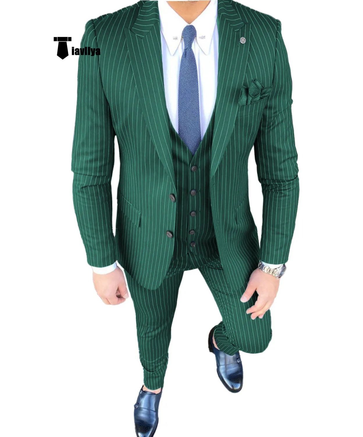 Fashion Men's 3 Pieces Slim Fit Striped Peak Lapel Tuxedos (Blazer vest Pants)