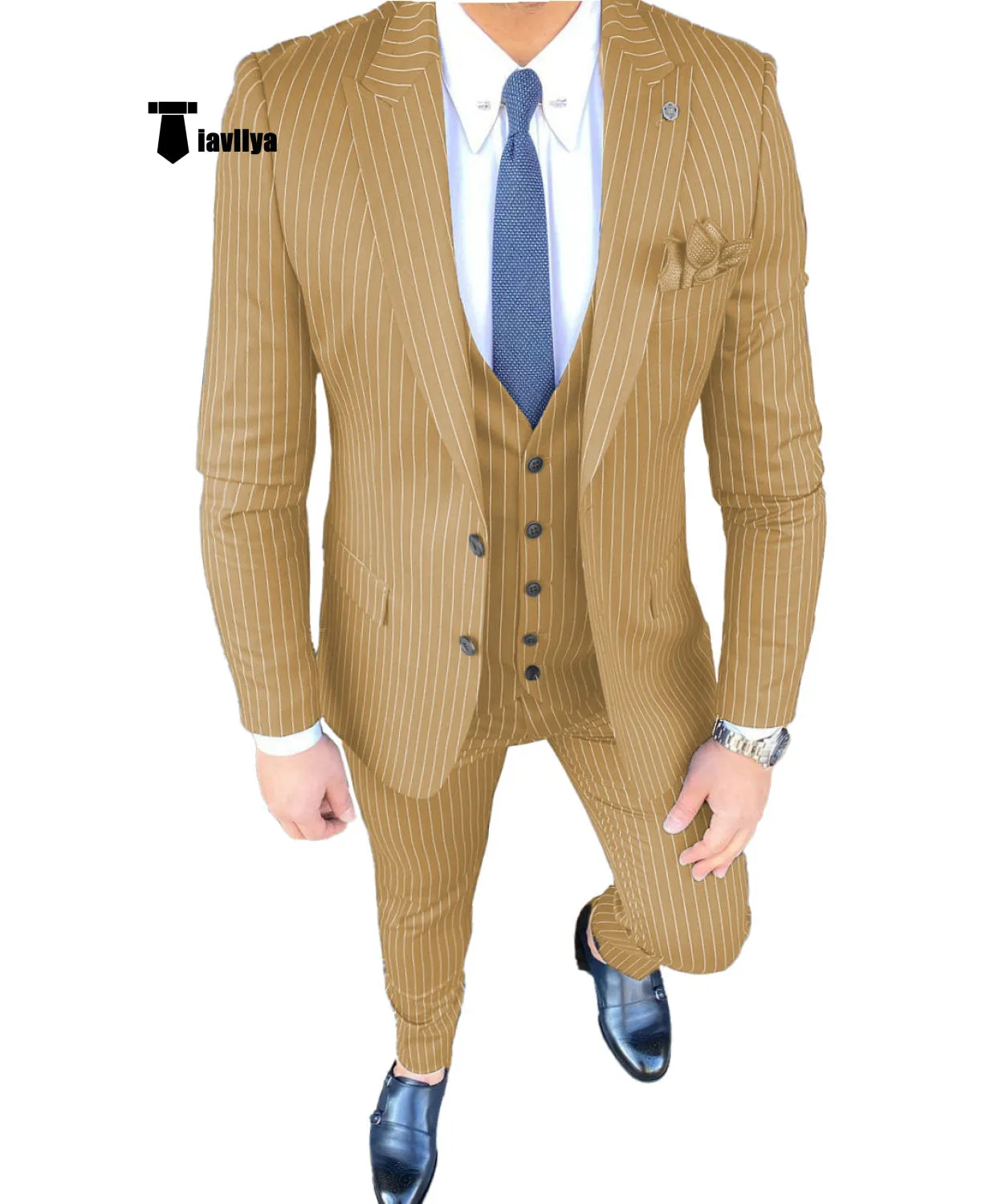 Fashion Men's 3 Pieces Slim Fit Striped Peak Lapel Tuxedos (Blazer vest Pants)