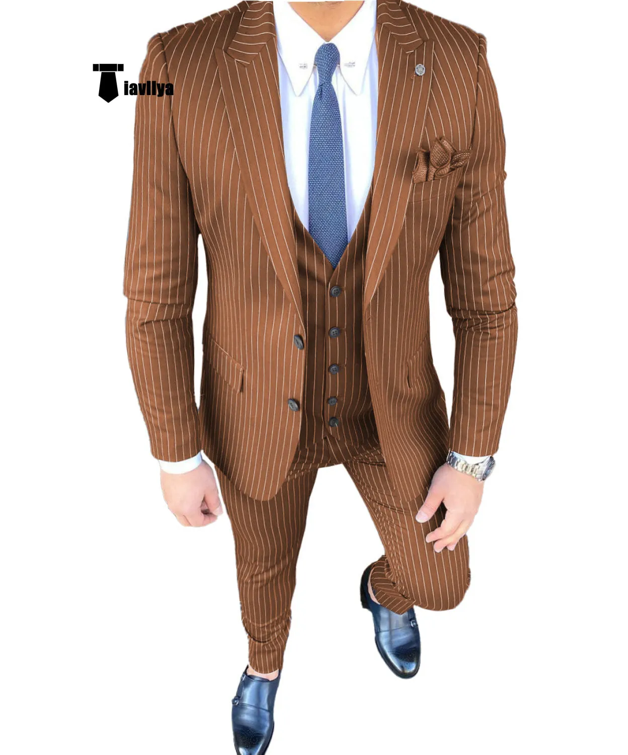 Fashion Men's 3 Pieces Slim Fit Striped Peak Lapel Tuxedos (Blazer vest Pants)