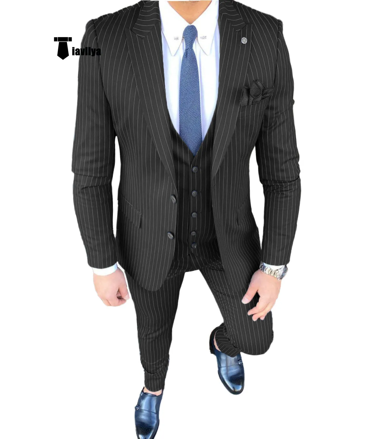 Fashion Men's 3 Pieces Slim Fit Striped Peak Lapel Tuxedos (Blazer vest Pants)