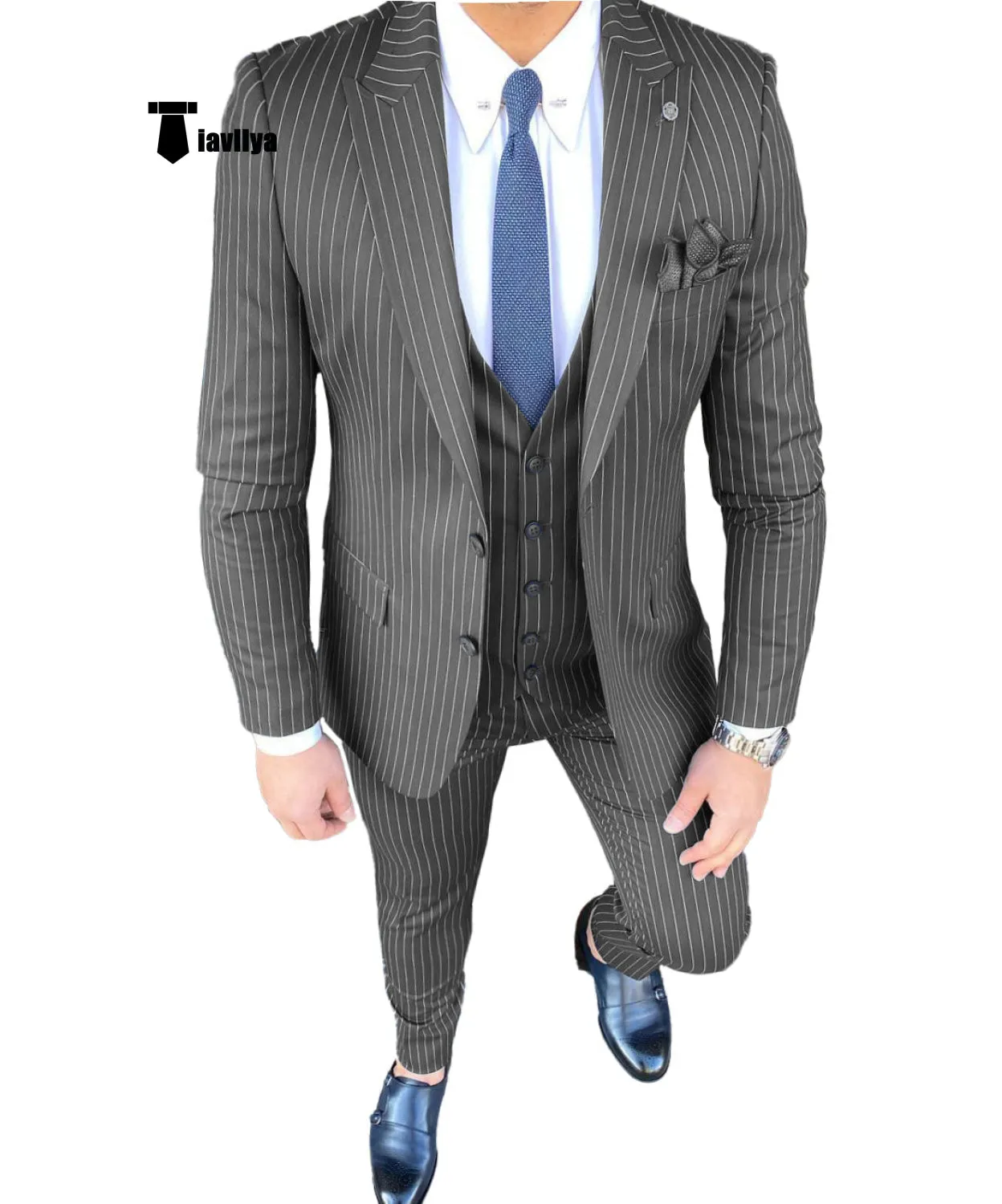 Fashion Men's 3 Pieces Slim Fit Striped Peak Lapel Tuxedos (Blazer vest Pants)
