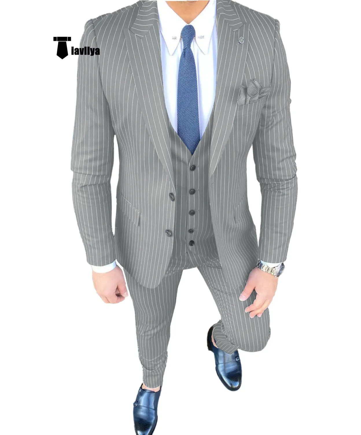 Fashion Men's 3 Pieces Slim Fit Striped Peak Lapel Tuxedos (Blazer vest Pants)