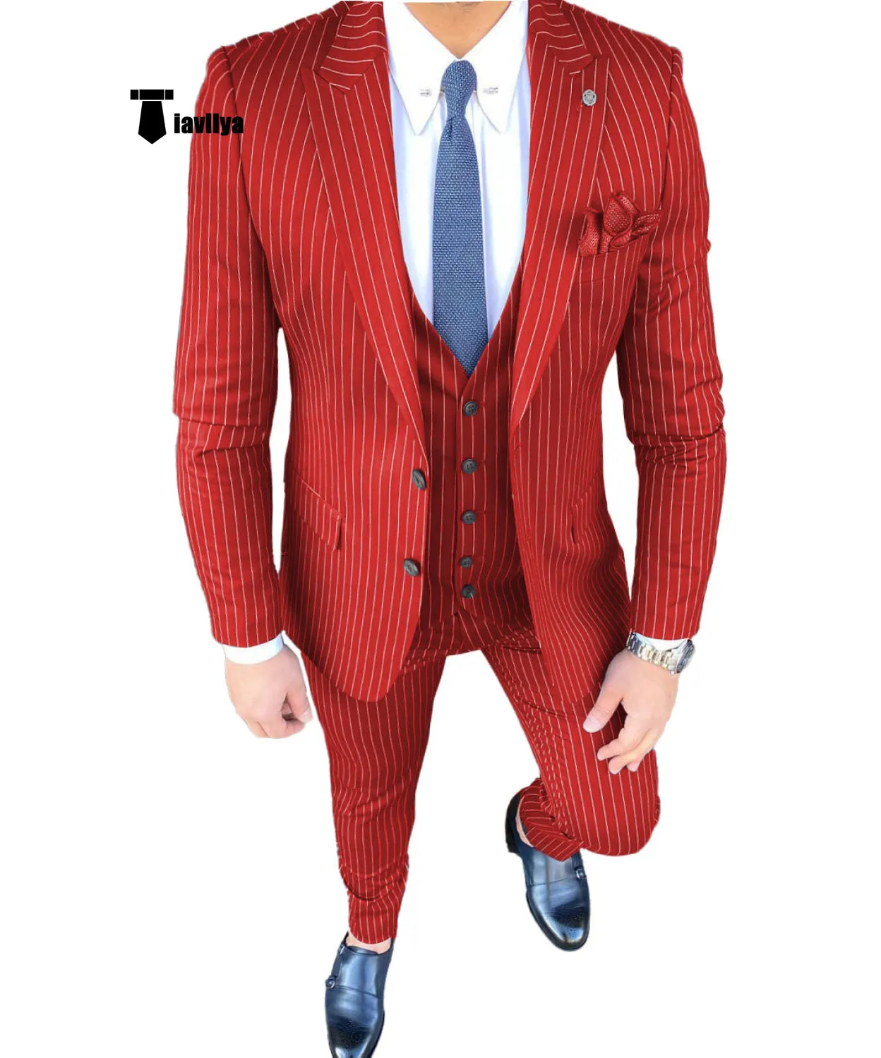 Fashion Men's 3 Pieces Slim Fit Striped Peak Lapel Tuxedos (Blazer vest Pants)