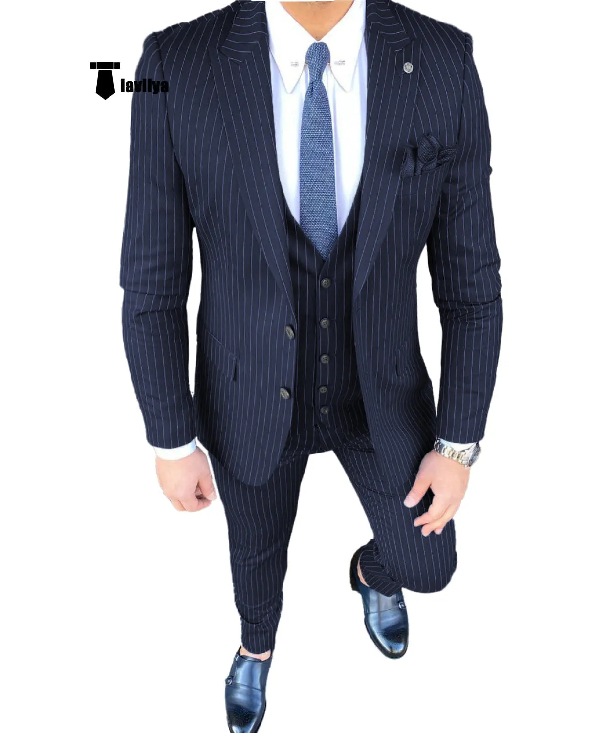 Fashion Men's 3 Pieces Slim Fit Striped Peak Lapel Tuxedos (Blazer vest Pants)