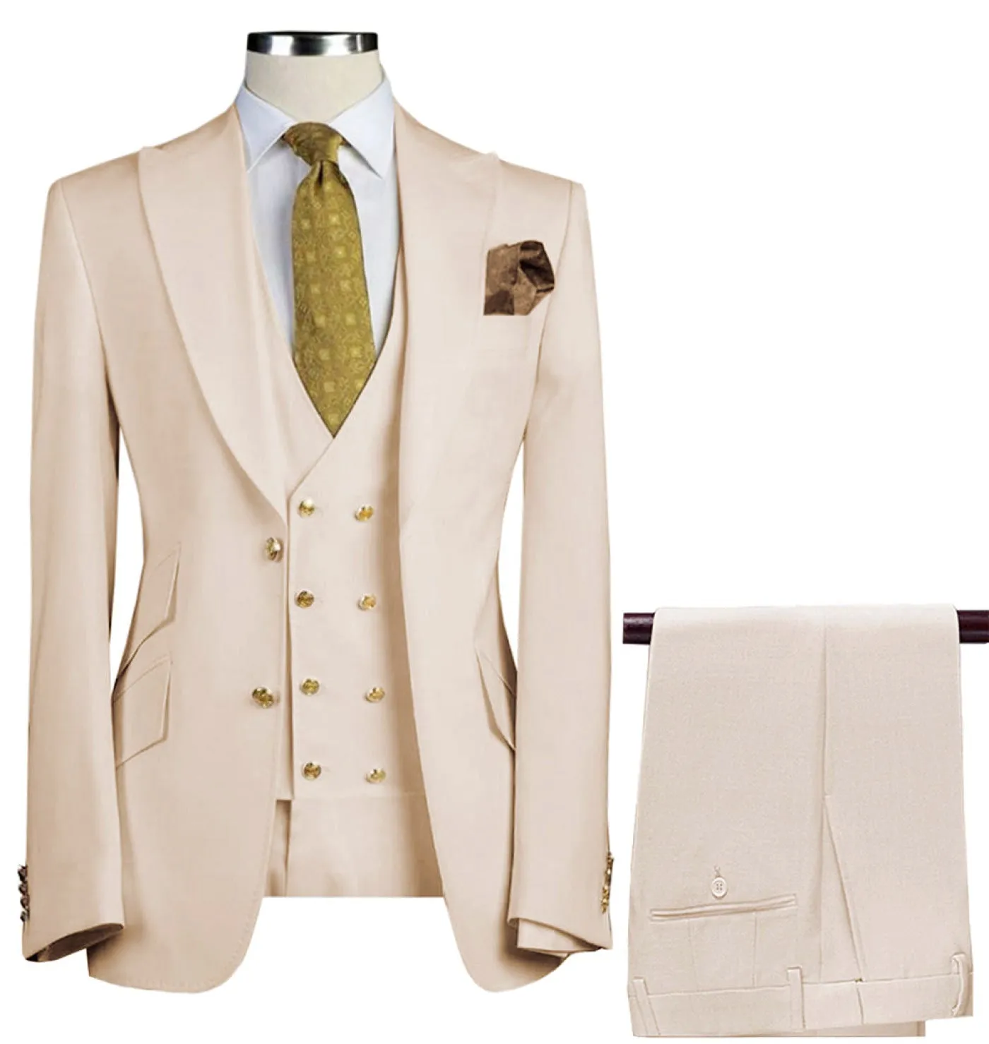 Fashion Men's Suit 3 Piece Peak Lapel Flat Tuxedo Wedding (Blazer   Vest   Pants)