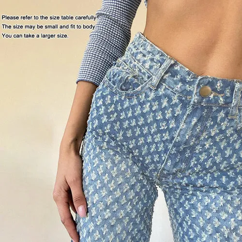 Floral Vintage Women Jeans Fashion Streetwear Ripped Baggy Boyfriend