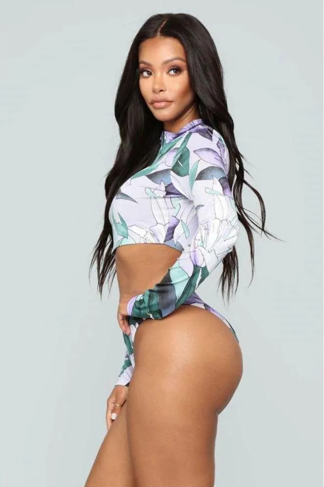 Front Zipper Long Sleeve Printed Set Swimwear