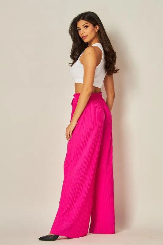 Fuchsia Pleated Wide Leg Paperback Self Tie Pants