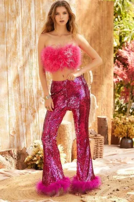 Fuchsia Side Zipper Hem Feather Trim Sequin Wide Leg Pants