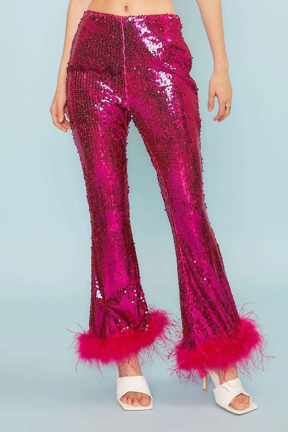 Fuchsia Side Zipper Hem Feather Trim Sequin Wide Leg Pants