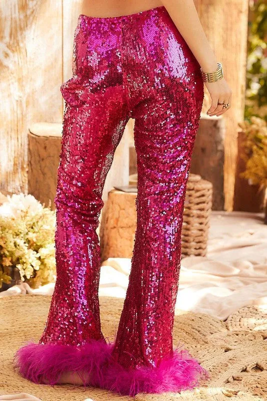 Fuchsia Side Zipper Hem Feather Trim Sequin Wide Leg Pants