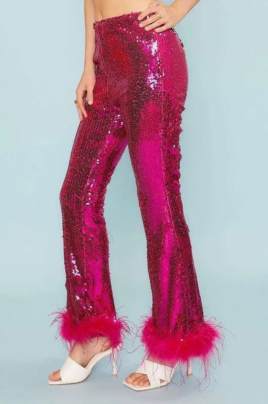 Fuchsia Side Zipper Hem Feather Trim Sequin Wide Leg Pants