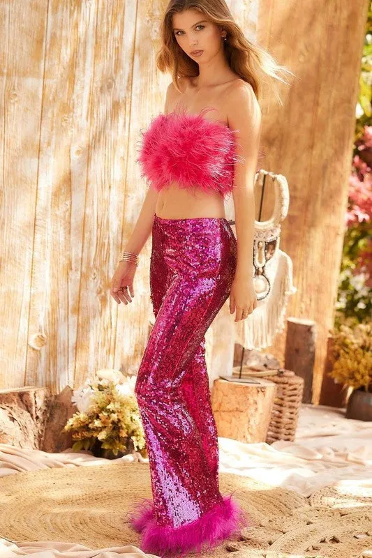 Fuchsia Side Zipper Hem Feather Trim Sequin Wide Leg Pants