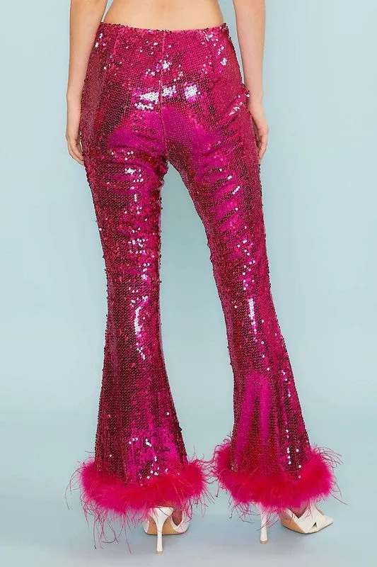 Fuchsia Side Zipper Hem Feather Trim Sequin Wide Leg Pants