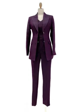 Fuchsia Striped Worsted Pant Suit, Slim Three-Piece Women Suit, Business Formal
