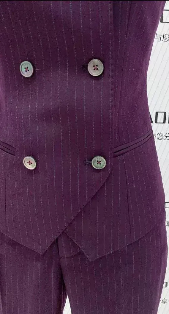 Fuchsia Striped Worsted Pant Suit, Slim Three-Piece Women Suit, Business Formal