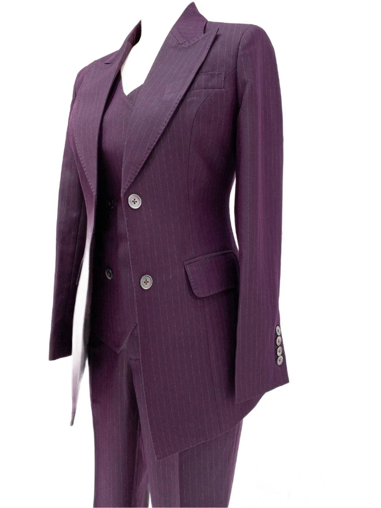 Fuchsia Striped Worsted Pant Suit, Slim Three-Piece Women Suit, Business Formal