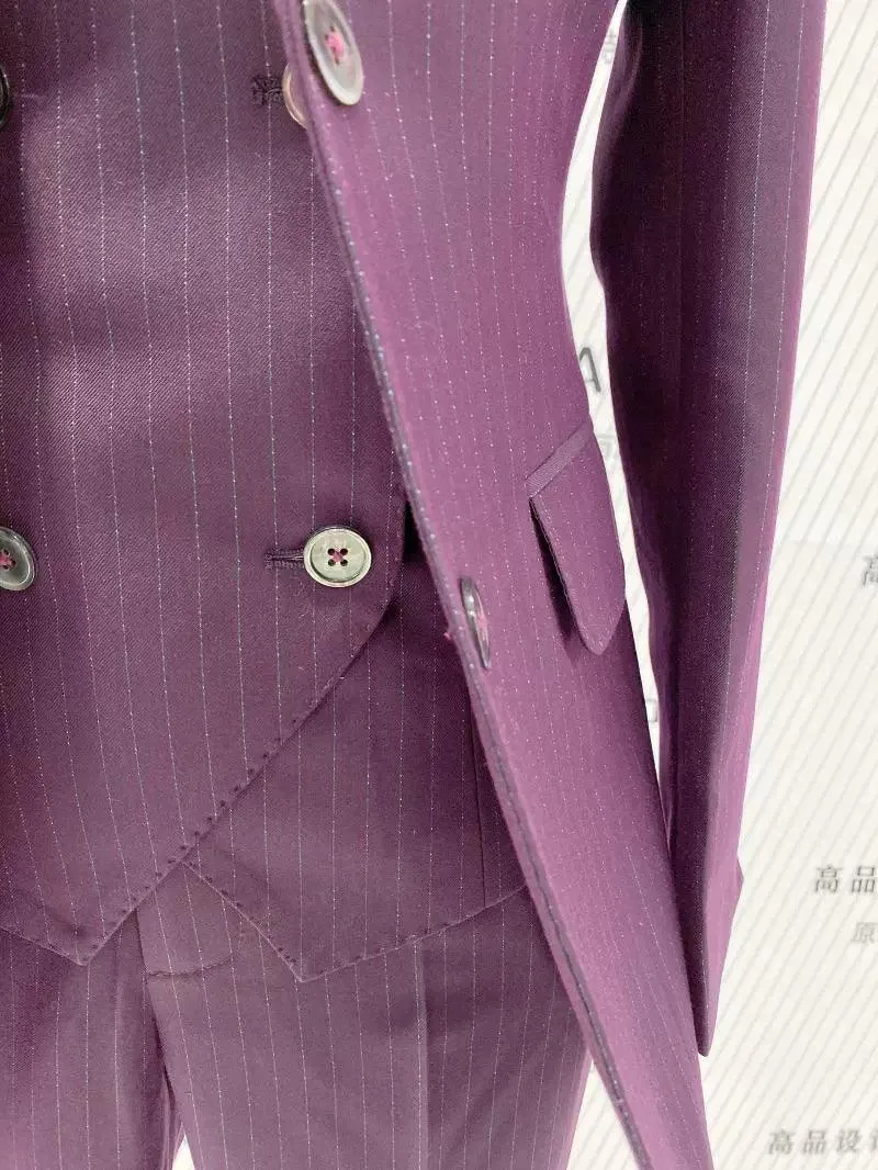 Fuchsia Striped Worsted Pant Suit, Slim Three-Piece Women Suit, Business Formal
