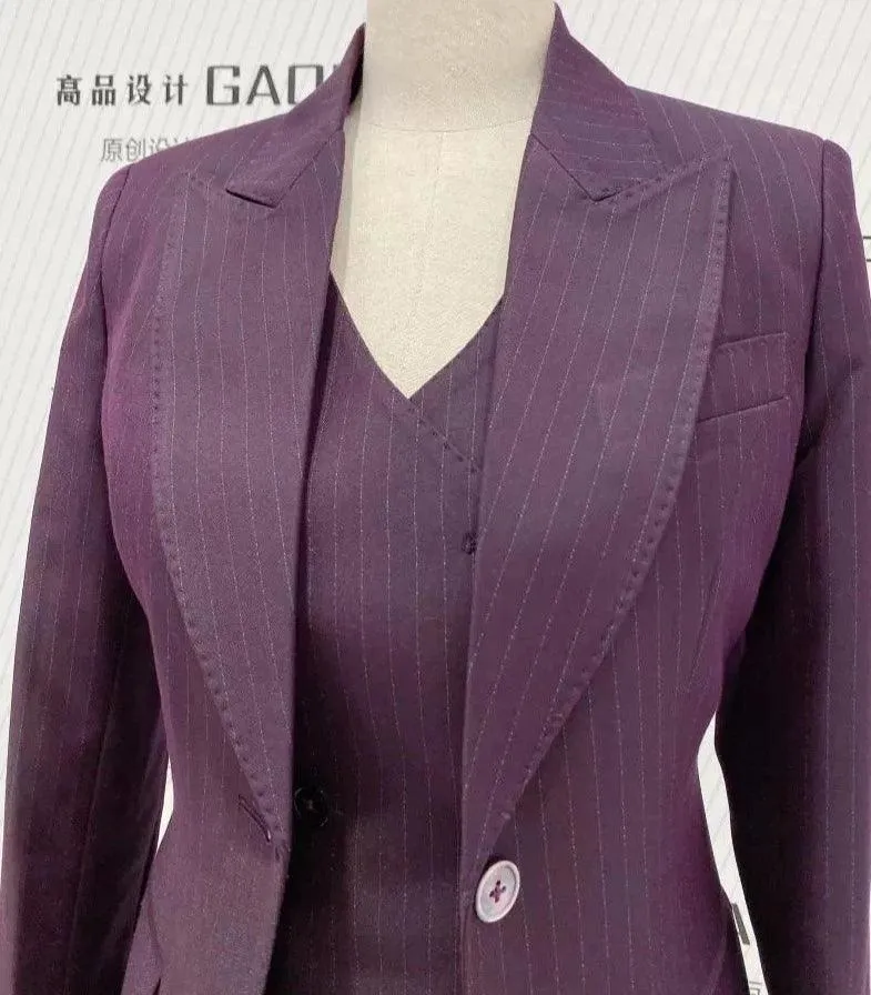 Fuchsia Striped Worsted Pant Suit, Slim Three-Piece Women Suit, Business Formal