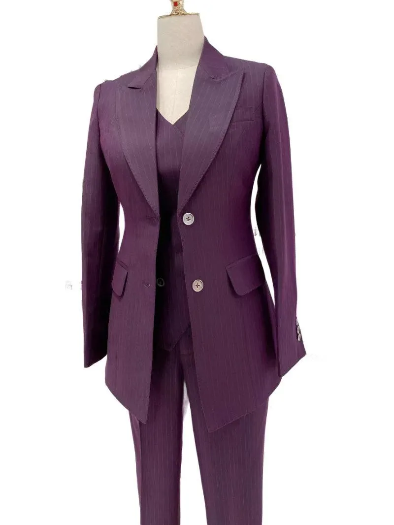 Fuchsia Striped Worsted Pant Suit, Slim Three-Piece Women Suit, Business Formal