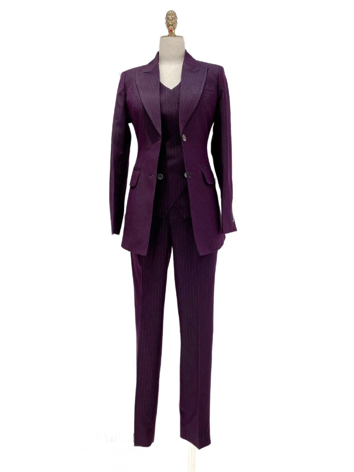 Fuchsia Striped Worsted Pant Suit, Slim Three-Piece Women Suit, Business Formal
