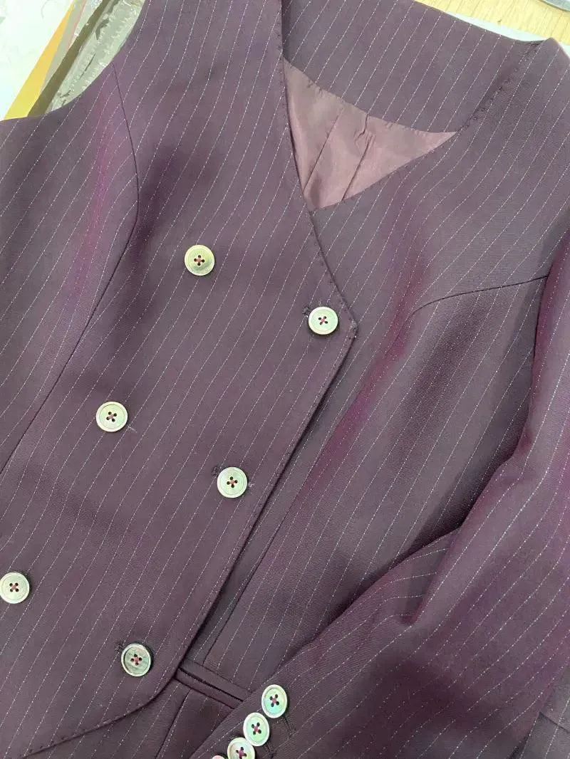 Fuchsia Striped Worsted Pant Suit, Slim Three-Piece Women Suit, Business Formal