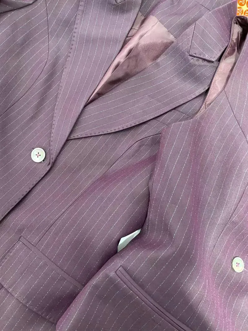Fuchsia Striped Worsted Pant Suit, Slim Three-Piece Women Suit, Business Formal