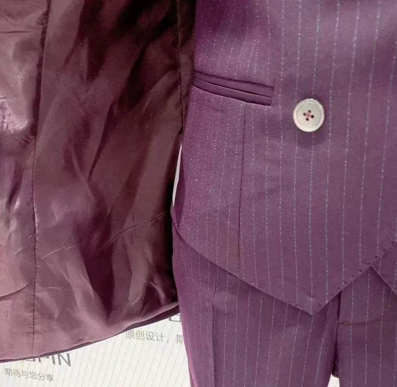 Fuchsia Striped Worsted Pant Suit, Slim Three-Piece Women Suit, Business Formal