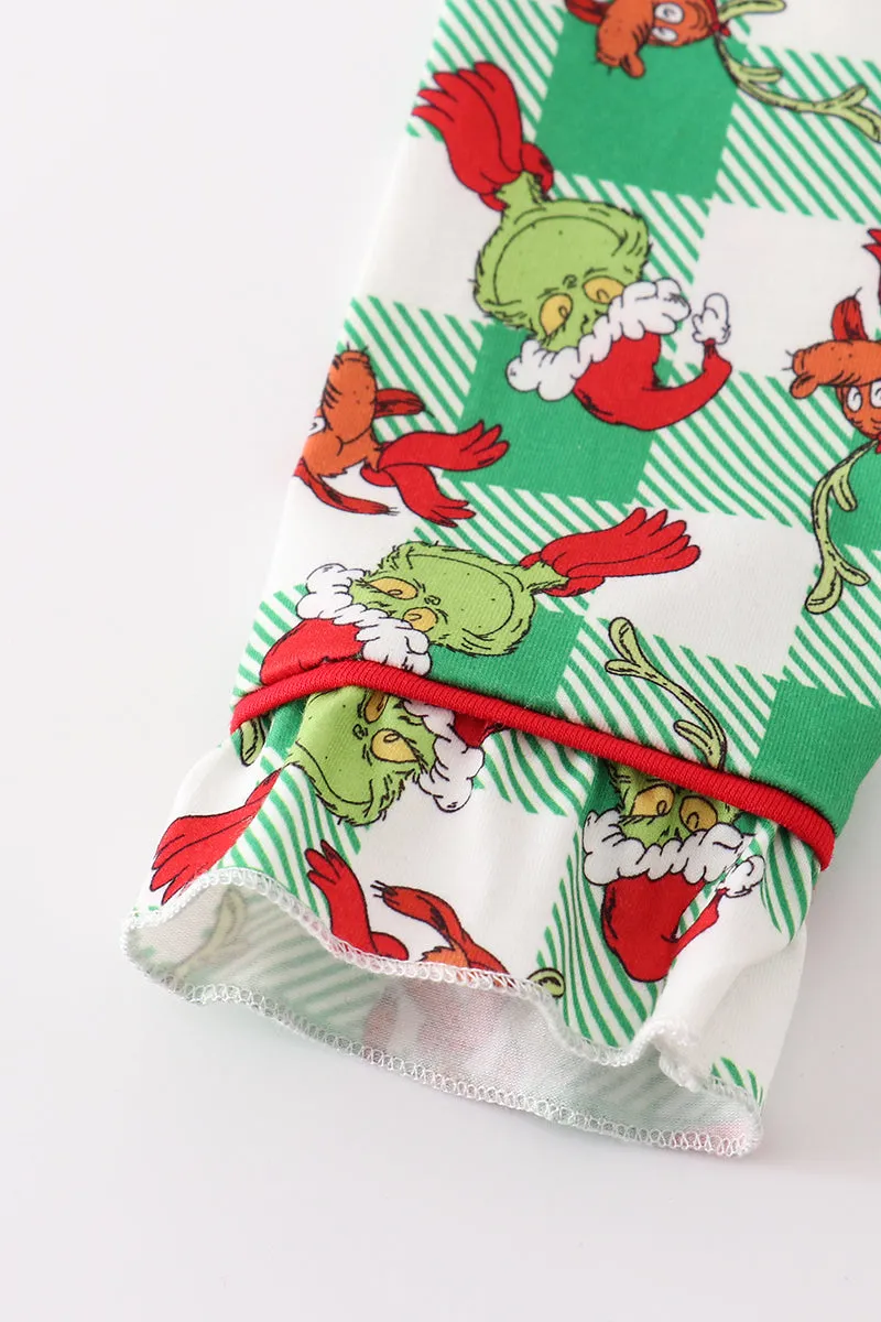 Green Grinch Print Plaid Ruffle Girl Pajamas Set