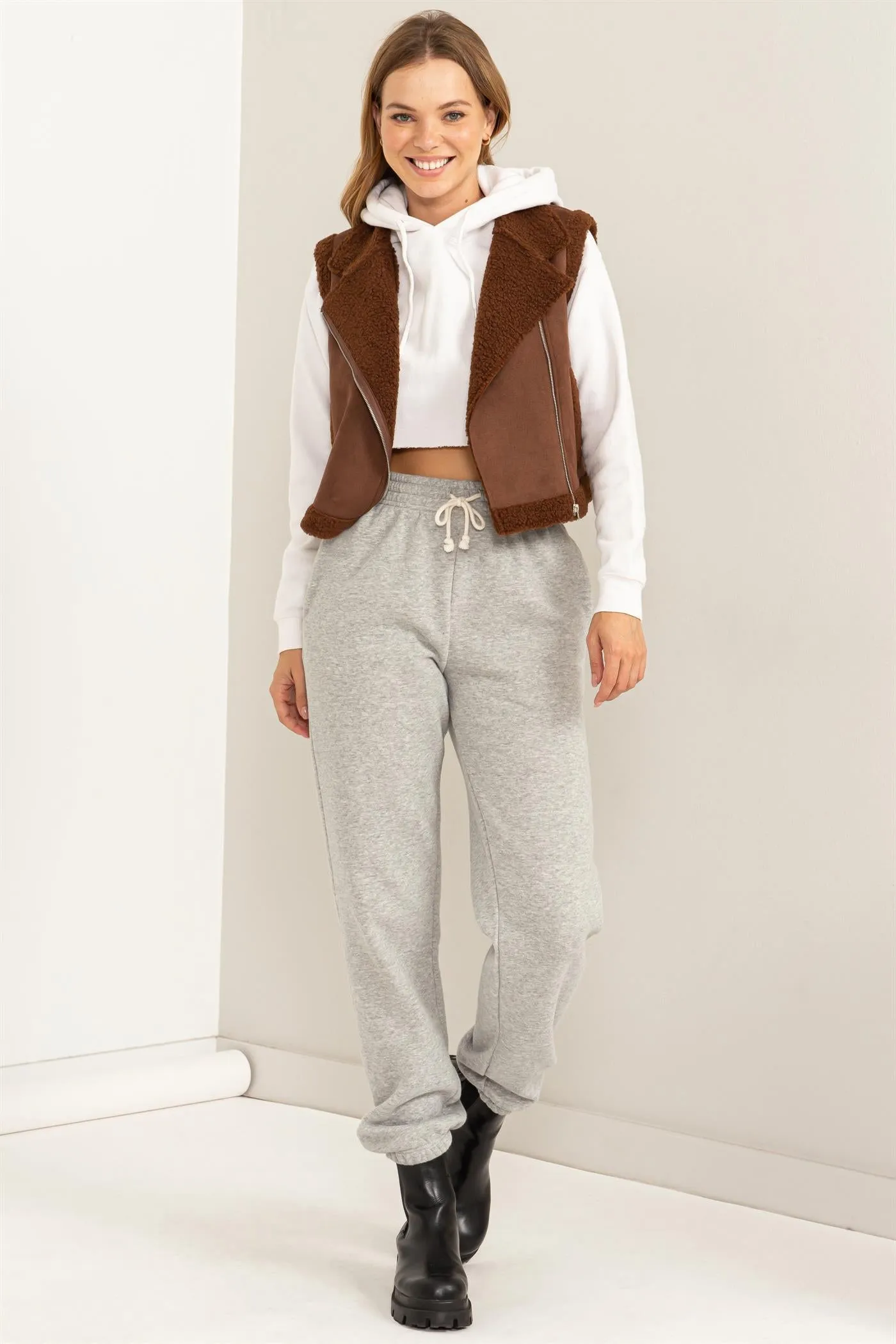 HF24C536-D-Faux Suede Teddy Fur  Crop Vest