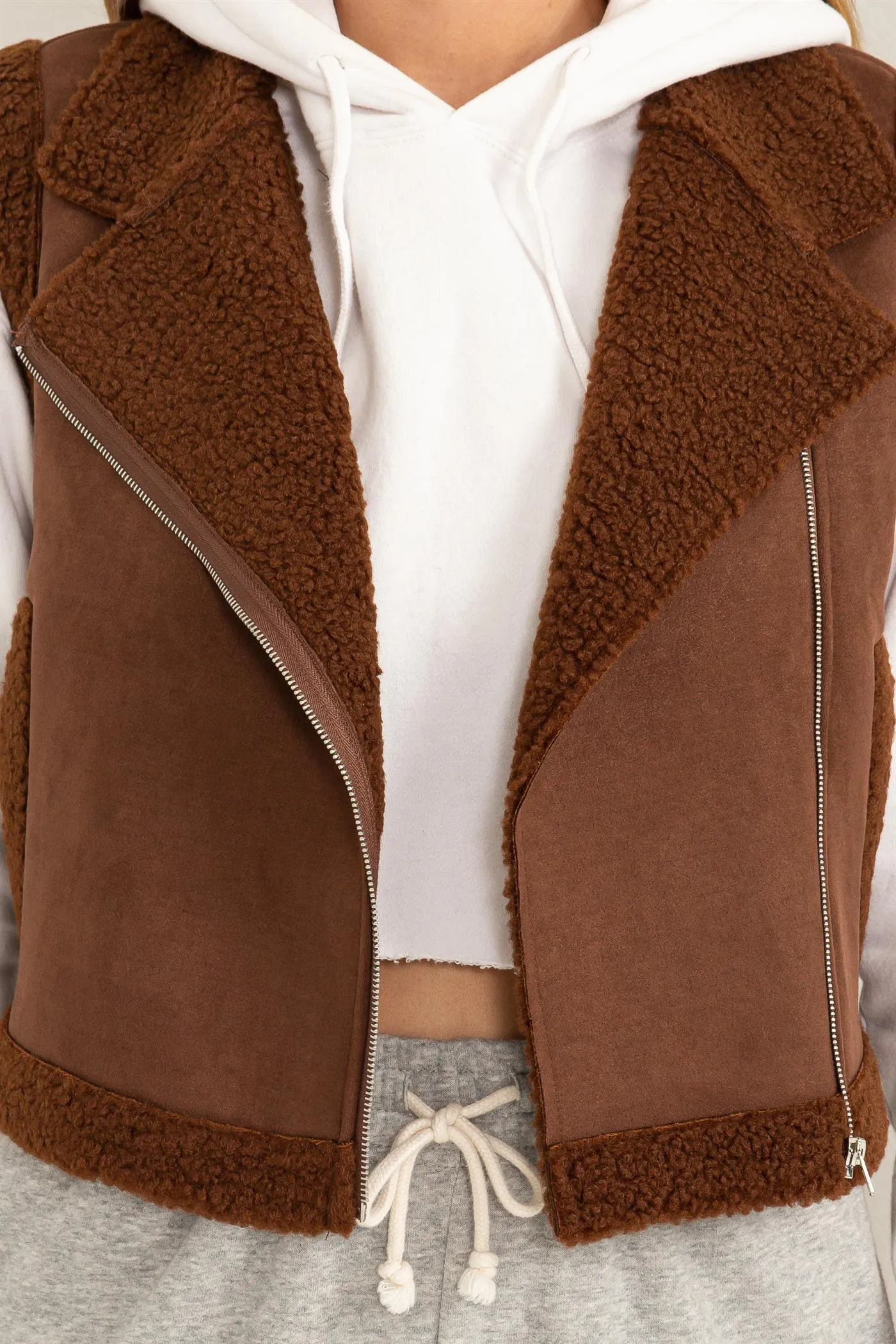 HF24C536-D-Faux Suede Teddy Fur  Crop Vest