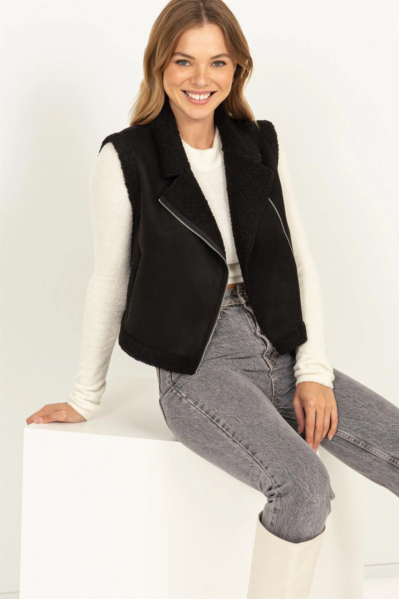 HF24C536-D-Faux Suede Teddy Fur  Crop Vest